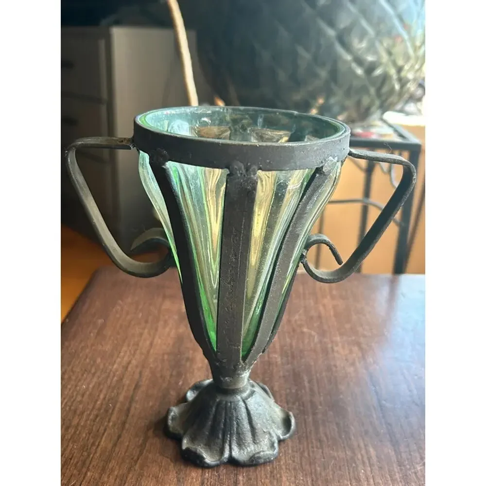 2 Caged Iron Hand-Blown Green Glass Urn Vase gothic medieval rustic